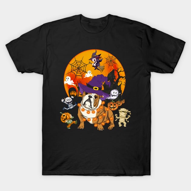 Bulldog Witch Funny Dog Halloween T-Shirt by Margaretsantana